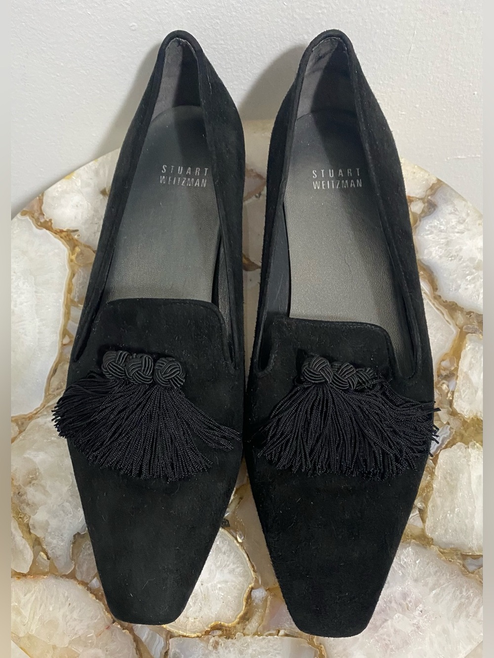 Stuart Weitzman Black Suede Tassel Pointed Loafers